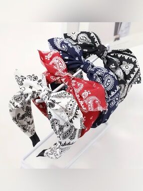 4 Bandana Print Bow Headbands - White, Red, Navy, Black.
